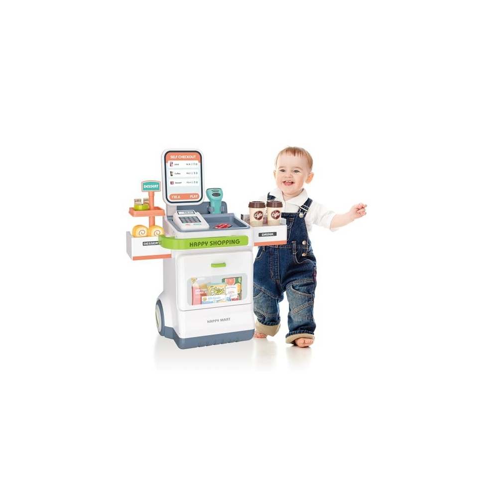 Deao Toys Cash Register Playset For Kids,47Pcs Kids Store Supermarket Playset Pretend Play Cash Register Toy With Scanner, Grocery Game Food Set And Play