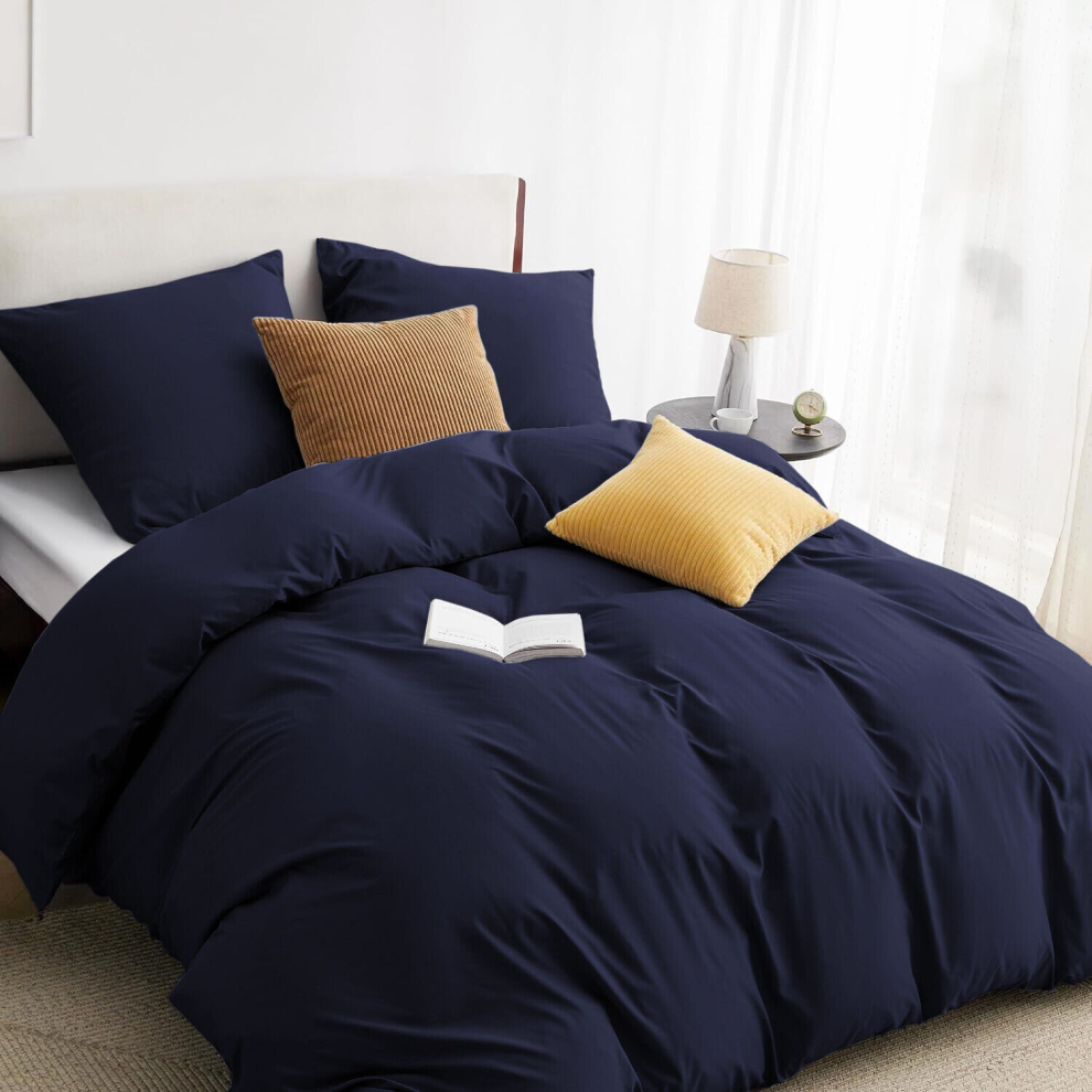 (Navy, Single (137 x 200 cm)) Plain Duvet Quilt Cover 3PC Reversible Bedding Set