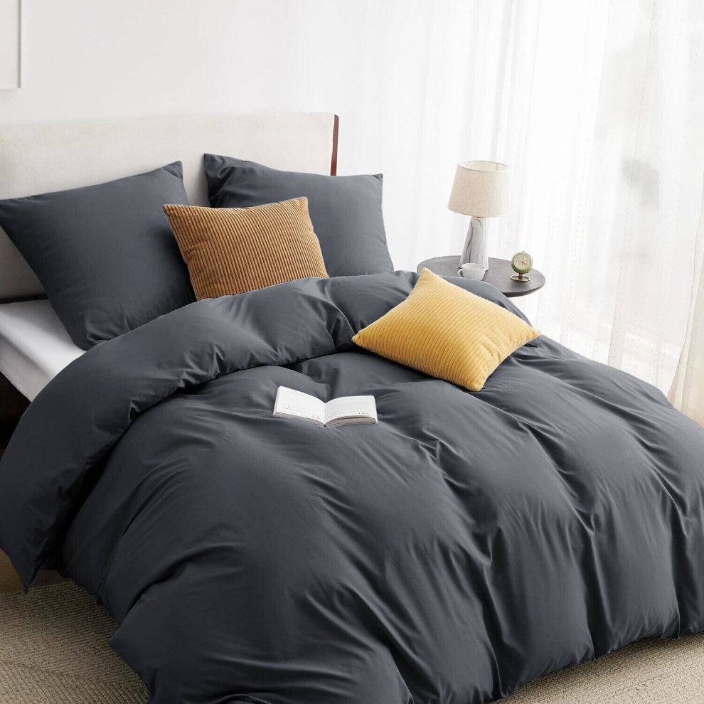 (Charcoal, Super King (260 x 220 cm)) Plain Duvet Quilt Cover 3PC Reversible Bedding Set