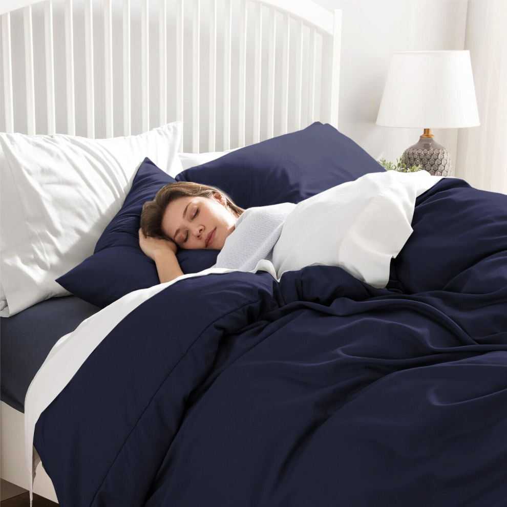 Imperial Rooms (Navy, Double (200 X 200 Cm)) Plain Duvet Quilt Cover 3Pc Reversible Bedding Set
