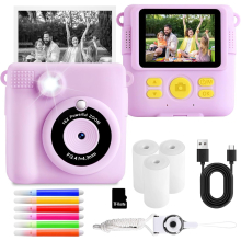 Kids Instant Print Camera - 1080P Video, 24MP Photos, 32GB Card, 3 Photo Paper Rolls, 6 Color Pens, Ages 3-14, Purple