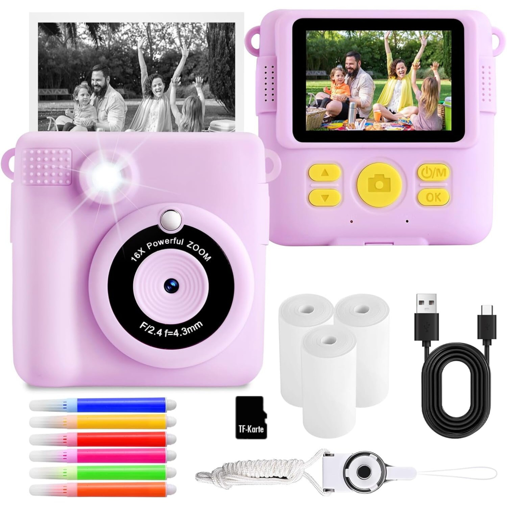Kids Instant Print Camera - 1080P Video, 24MP Photos, 32GB Card, 3 Photo Paper Rolls, 6 Color Pens, Ages 3-14, Purple