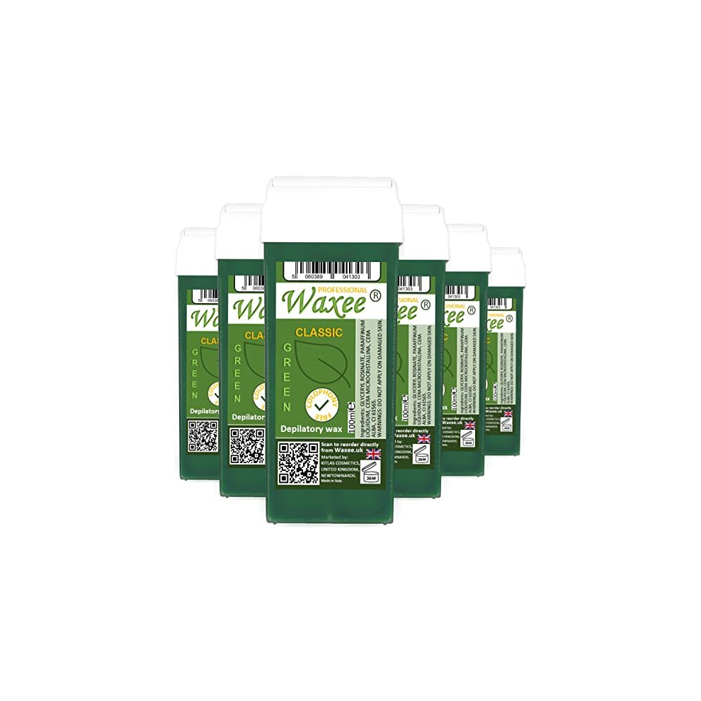 Waxee Green Roll-On Wax Cartridge 100Ml, Roller, Hair Removal Wax, Depilatory, Refill (6 X 100Ml Roll-On Wax Cartridge, )
