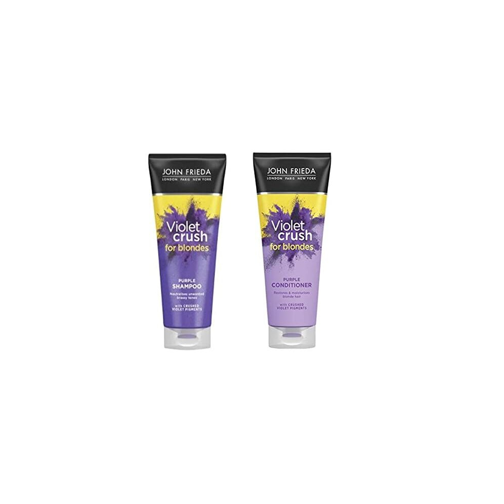 (250ml tubes) John Frieda Violet Crush Colour Correcting Shampoo and Conditioner Set For Banishing Brassy Tones in Blonde Hair