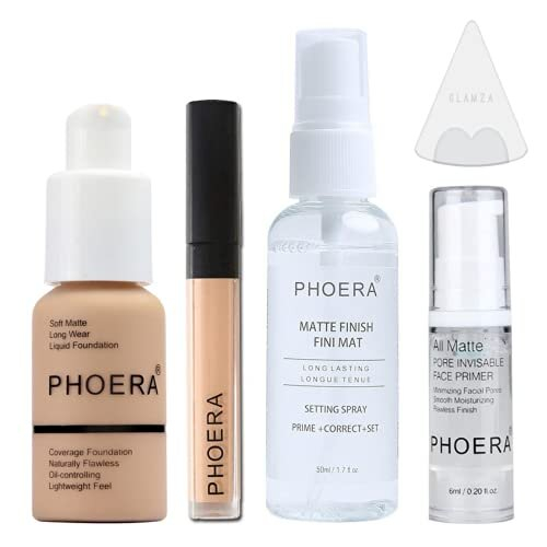 Phoera Foundation Full Coverage Makeup Set - Includes Warm Peach 30ml Matte Foundation, Phoera Concealer (Beige), 6ml Face Primer, 50ml Setting Spray