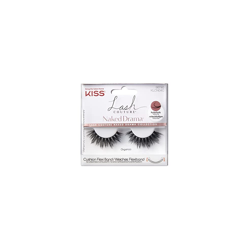 Kiss Lash Couture Naked Drama Collection 1 Pair Of False Lashes, Organza, Full And Fluffy Faux Mink Fake Eyelashes With Cushion Flexi Band Includes Lash