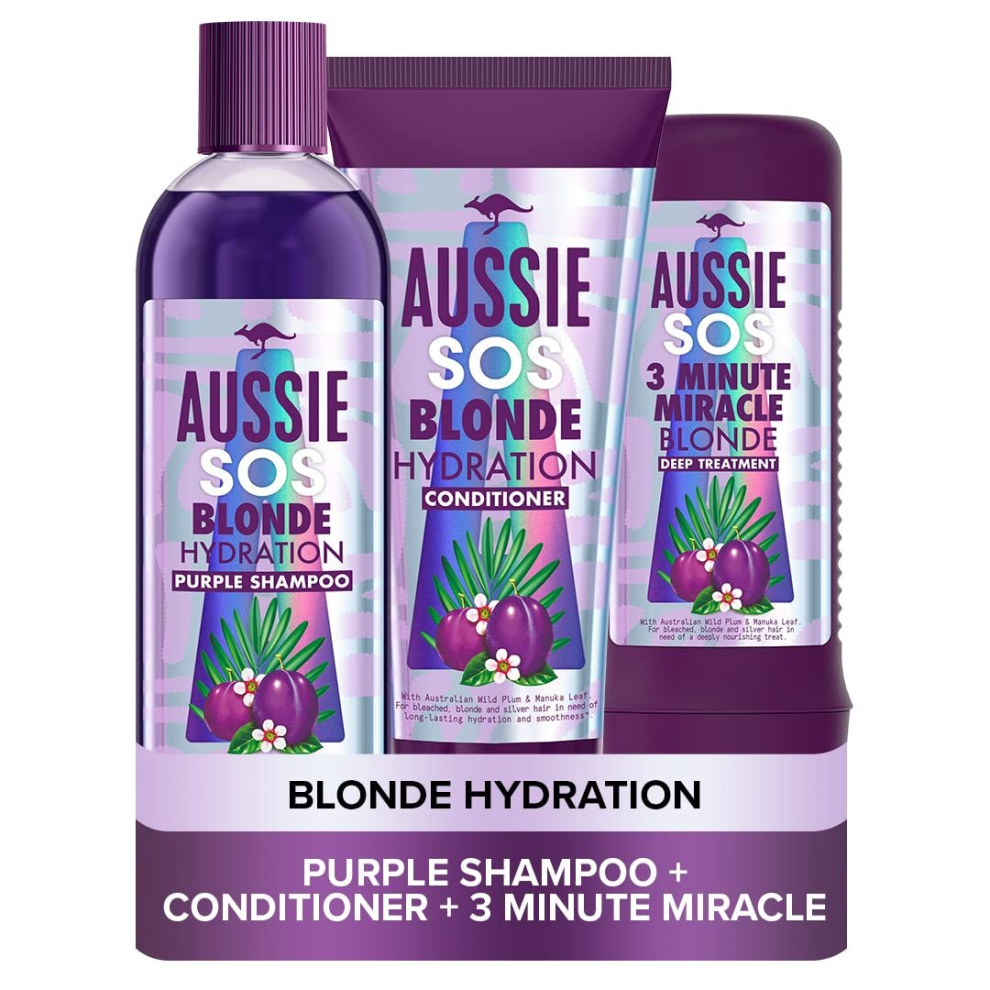 Blonde Hydration Vegan Purple Shampoo, Conditioner And 3 Minute Miracle Hair Mask Set, Blonde and Silver Hair Toner Set, Neutralises Yellow & Brassy