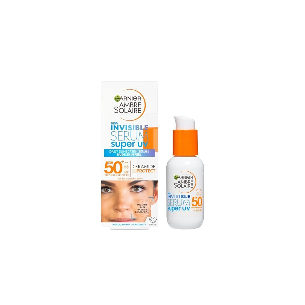 Ambre Solaire SPF 50+ Super UV Invisible Serum Moisturiser for Face, High Protection Against UVA & UVB, Sun Cream for all Skin Types, With Hyaluronic