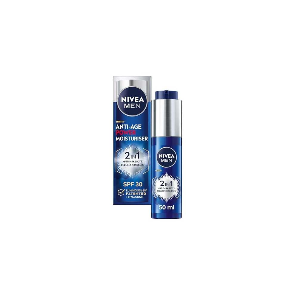 Nivea Men's Dark Anti-Age 2In1 Power Moisturiser (50Ml), With Spf 30, Luminous 630, And Hyaluronic Acid For Sun Protection, Spot Prevention, And Younger-Looking