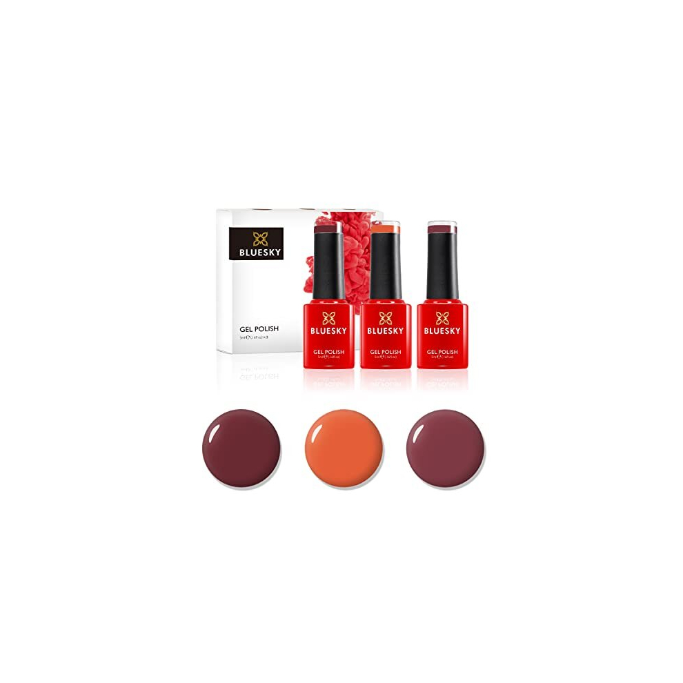 Gel Nail Polish Set, Autumn Leaves, Blast From The Past Aw1807, Cinnamon Roll Bp27, Pumpkin Spice Bp01, 3 x 5 ml Dark Pink, Red, Deep Red, Orange