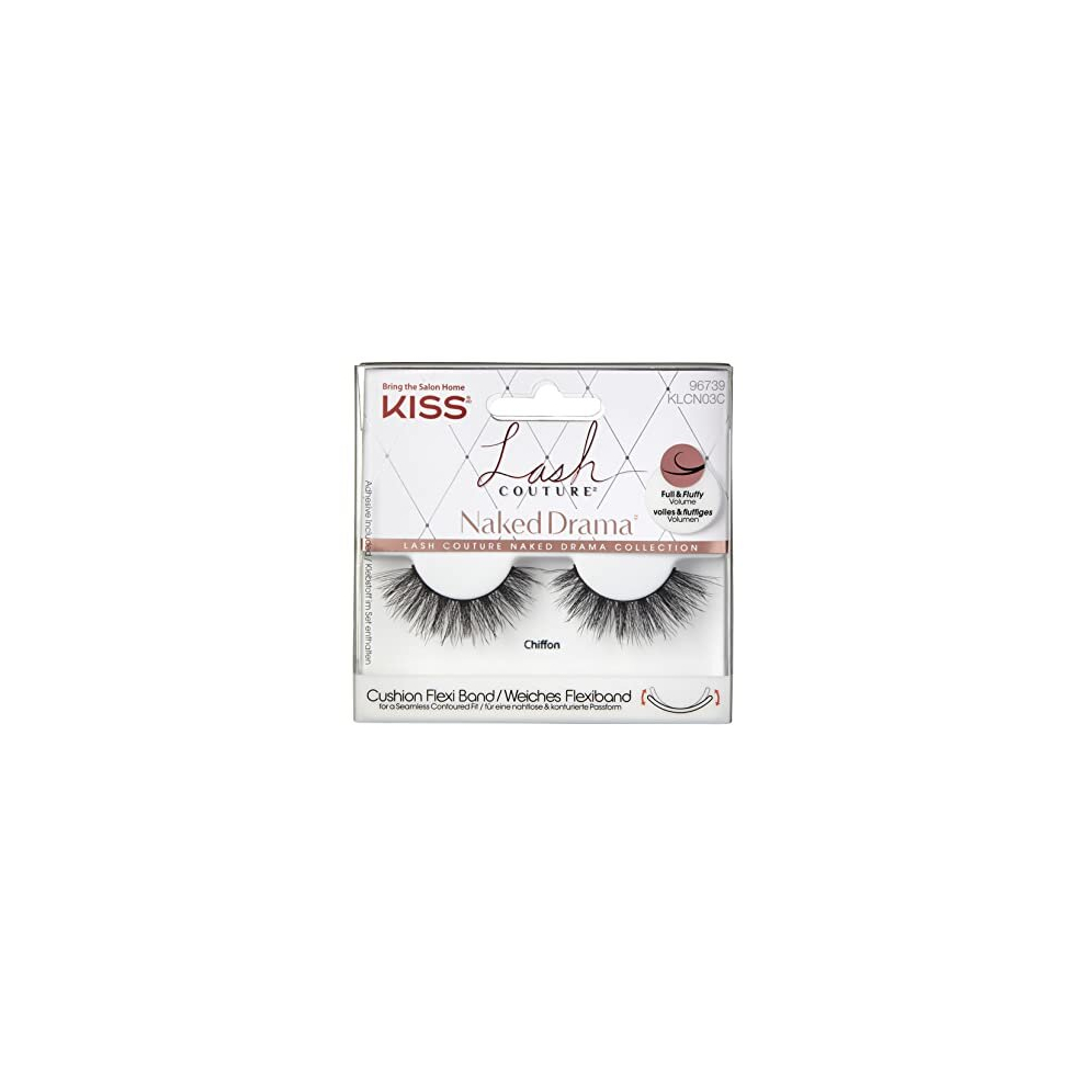 Kiss Lash Couture Naked Drama Collection 1 Pair Of False Lashes, Chiffon, Full And Fluffy Faux Mink Fake Eyelashes With Cushion Flexi Band Includes Lash