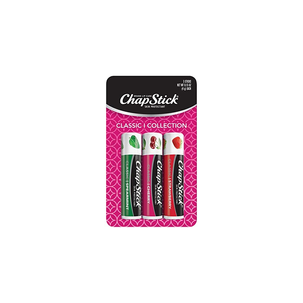 Photos - Lipstick & Lip Gloss ChapStick Classic  Cherry, Strawberry & Spearmint Flavor Skin Protectant Flavored Lip Balm Tube, 0.15 Oz Each (3 Sticks)