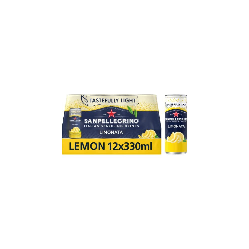 San Pellegrino Italian Sparkling Drinks Tastefully Sparkling Lemon Canned Soft Drink 12 X 330Ml | 73K Cals Per Can Light
