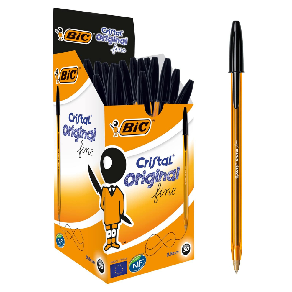 Cristal Original, Ballpoint Pens, Every-Day Biro Pens with Fine Point (0.8 mm), Ideal for School and Office, Black, Pack of 50