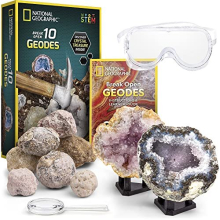 NATIONAL GEOGRAPHIC Break Open 10 Premium Geodes - Includes Goggles and 2 Display Stands - Great STEM Science Kit Geology Gift for Kids Break Y