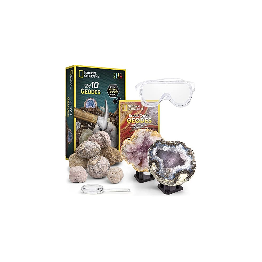 National Geographic Break Open 10 Premium Geodes - Includes Goggles And 2 Display Stands - Great Stem Science Kit Geology Gift For Kids Break Y