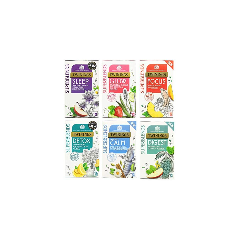 Superblends Sleep, Glow, Focus, Digest, Moment of Calm and Detox Tea Bags Bundle 6x20 Pack (120 envelopes)