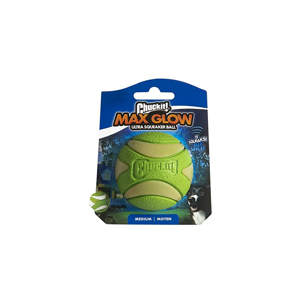 Max Glow Ultra Squeaker Ball Dog Toy, Durable High Bounce Floating Rubber Squeaky Dog Ball, Rechargeable Glow In The Dark Launcher Compatible Toy For