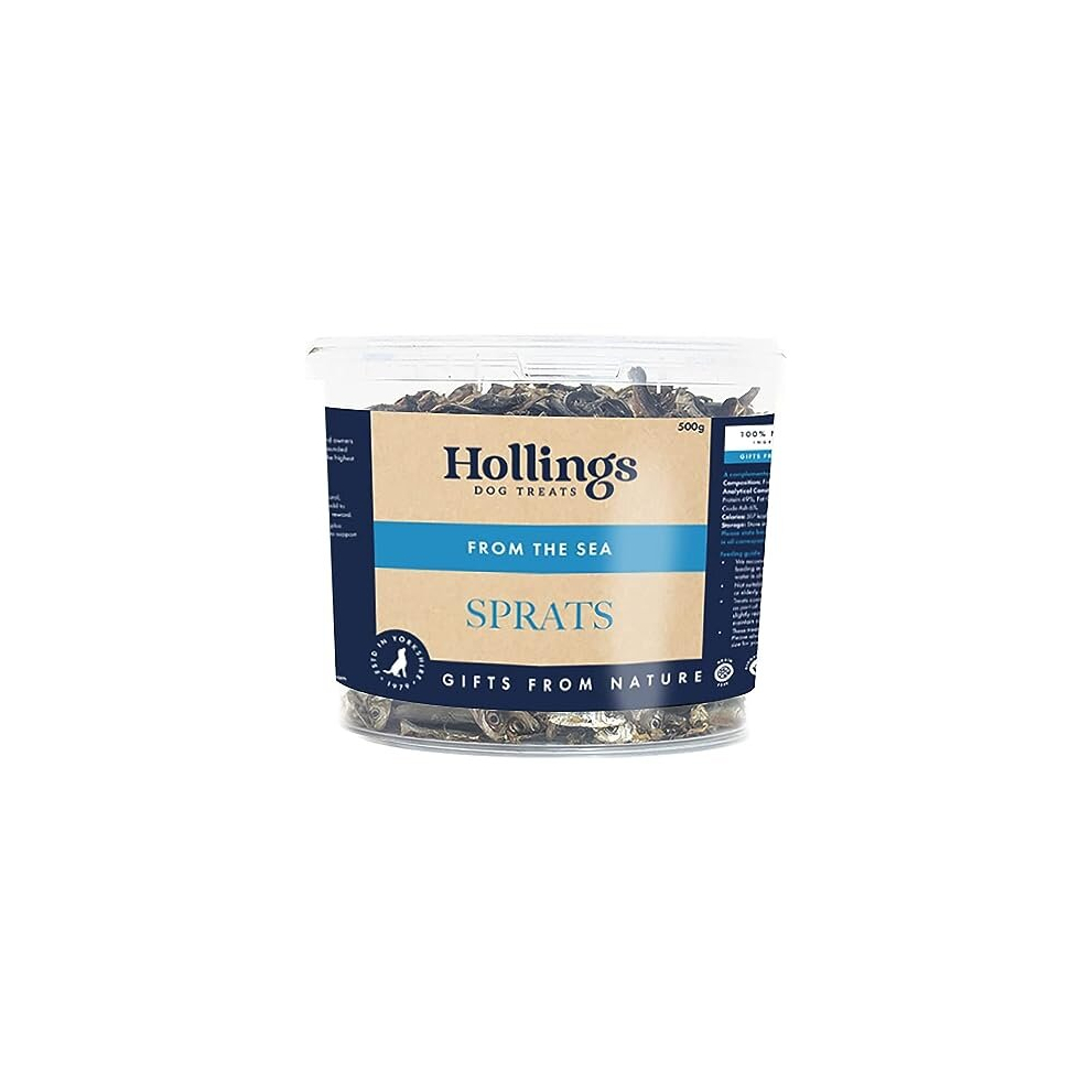 Hollings Sprats Dog Treats Tub, 100% Natural With Fresh Fish Air Dried Treats For Dogs, Hypoallergenic And Free 500G Grain