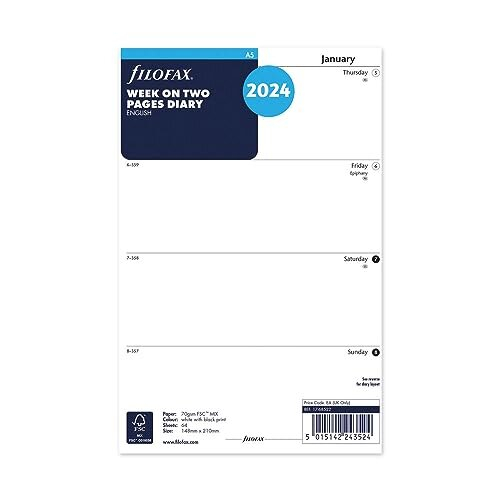 A5 week on two pages English 2024 diary, White