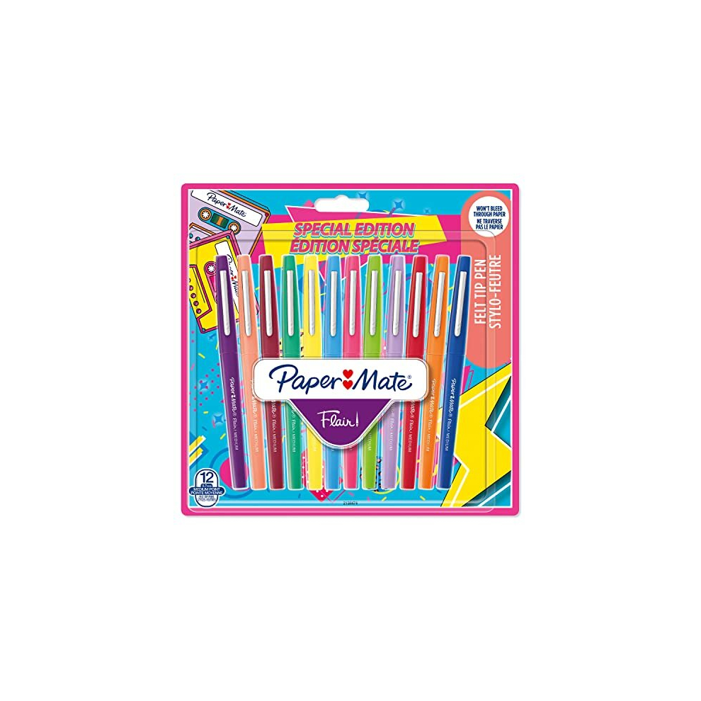 Paper Mate Flair Felt Tip Pens Medium Point (0.7Mm) Assorted Retro Colours 12 Count