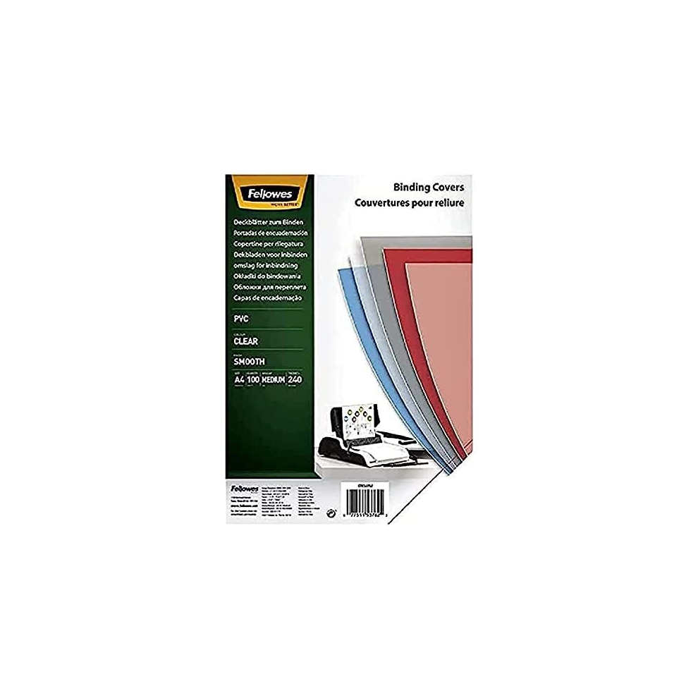 Fellowes A4 Binding Cover - 240 Microns Pvc Binding Covers - Pack Of 100 Binding Covers - Transparent