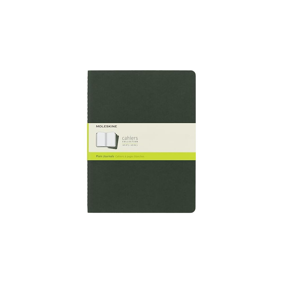 Cahier Journal, Set 3 Notebooks with Plain Pages, Cardboard Cover with Visible Cotton Stiching, Colour Myrtle Green, Extra Large 19 x 25 cm, 120 Pages-image-OPC-PD757WW-NEW