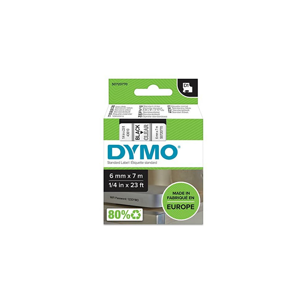 Authentic D1 Labels Black Print on Clear Tape 6 mm x 7 m Self-Adhesive Labels for LabelManager Label Makers Made in Europe