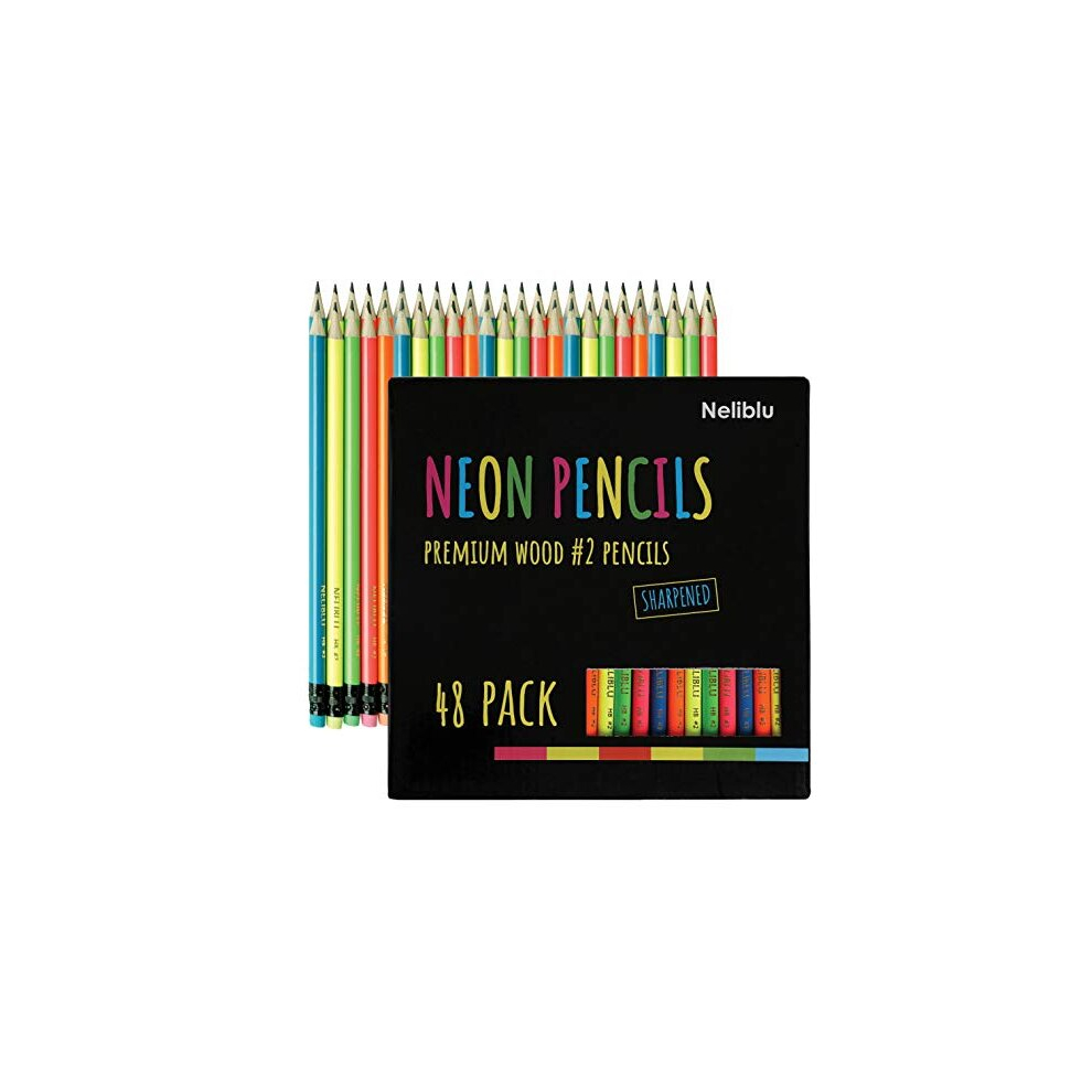 Cool Bulk Neon Pencils - 48 Pack - #2 Pre-Sharpened Non-Toxic Wood Pencils for Kids and Adults with Latex Free Erasers - Incredible Value