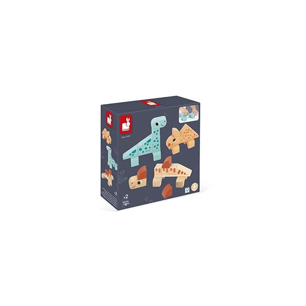 Janod - Cubikosaurus Dinosaur Construction Game - 3 Build-Your-Own Dinosaurs - Stackable Early-Learning Toy - Fsc Wooden Toy - 24 Months +, J05833