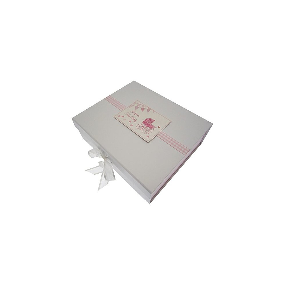 New Baby, Large Keepsake Box, Pram & Bunting Pink White Cotton Cards
