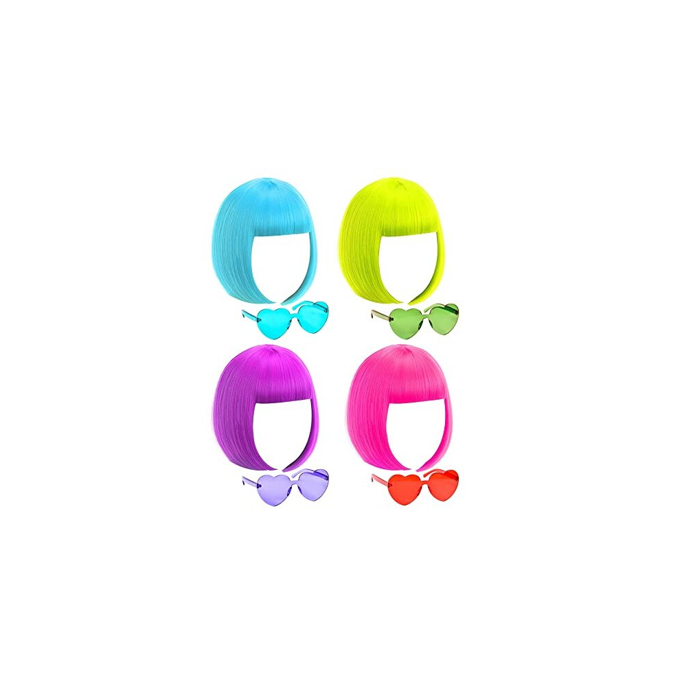 Dajooee Colored Wigs With Flat Bangs 4 Pack,Neon Short Bob Wig,Wig Cap, Heart Bachelorette Sunglasses Pack Costume Colorful Cosplay Wig For St.