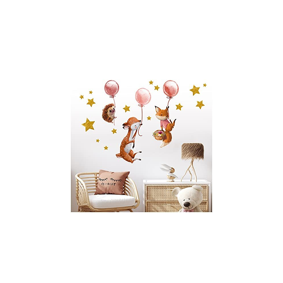 Wall Sticker Watercolour Animals Self-Adhesive For Children's Room Baby Room Playroom Girl Boy (Y037-13 Forest Animals With Balloons) Pink Yabaduu