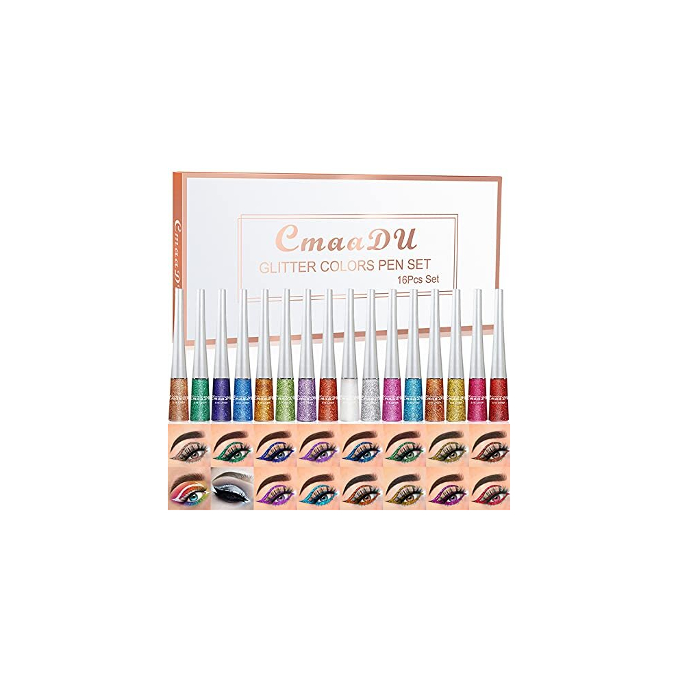 Gireatick 16Pcs Liquid Glitter Eyeliner Set, 16 Colors High Pigmented Brighten Eye Liner Kit, Long Lasting Waterproof Metallic Shimmer Eyeshadow