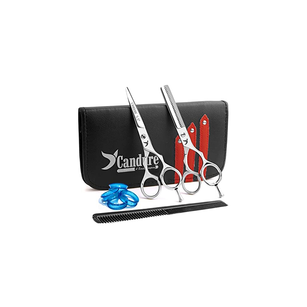 Candure Hairdressing Scissor Hairdresser Thinning Scissor Set - 5.5 Inch Hair Cutting And Hair Scissor With Comb And Pouch - For Men, Women, Children And