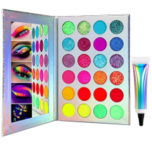 Neon Glow in Dark Eyeshadow Palette, UV Blacklight Neon Glitter Eyeshadow Pallet + Primer, Colorful Red Orange Yellow Purple Green Glitter Eyeshadow,