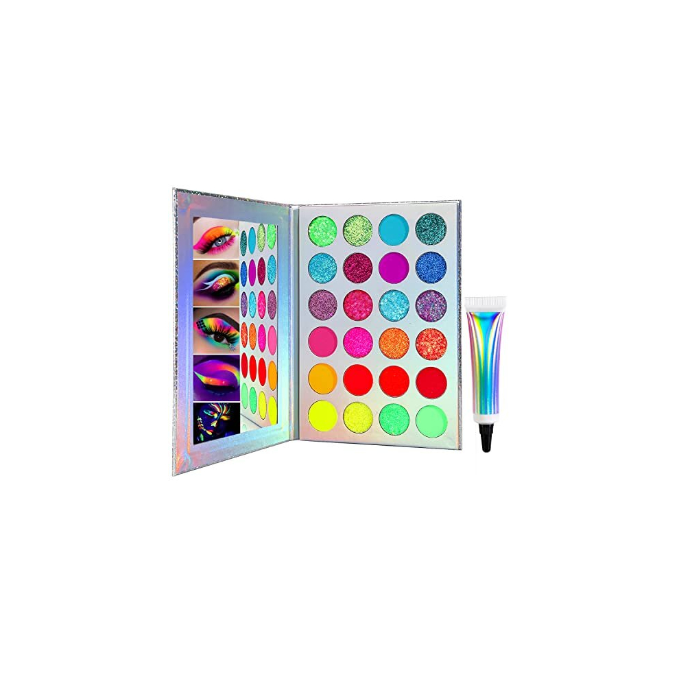 Afflano Dark/Red/Orange Neon Glow In Eyeshadow Palette, Uv Blacklight Neon Glitter Eyeshadow Pallet + Primer, Colorful Yellow Purple Green Glitter Eyeshadow,
