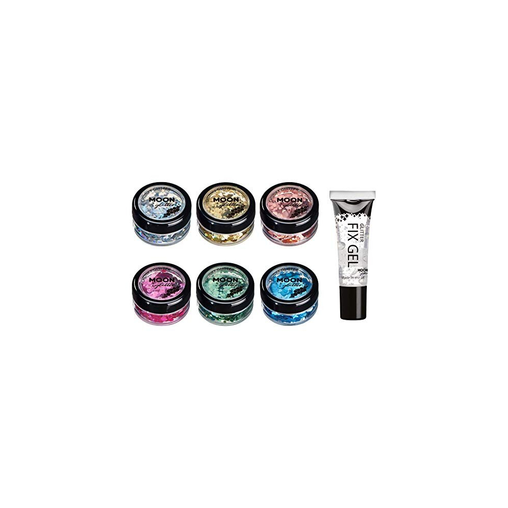 Moon Glitter Chunky Holographic Glitter By - Set Of 6 Colours + Fix Gel - Cosmetic Festival Makeup Glitter For Face, Body, Nails, Hair, Lips - 3G