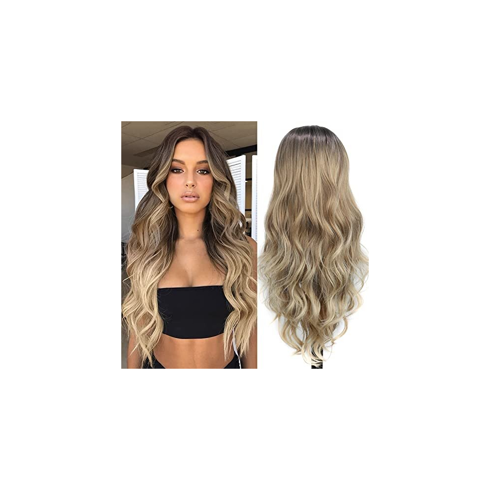 Porsmeer Ombre Brown Wigs For Women With Dark Roots Long Curly Wavy Natural Synthetic Hair Wig For Cosplay Or Everyday Use