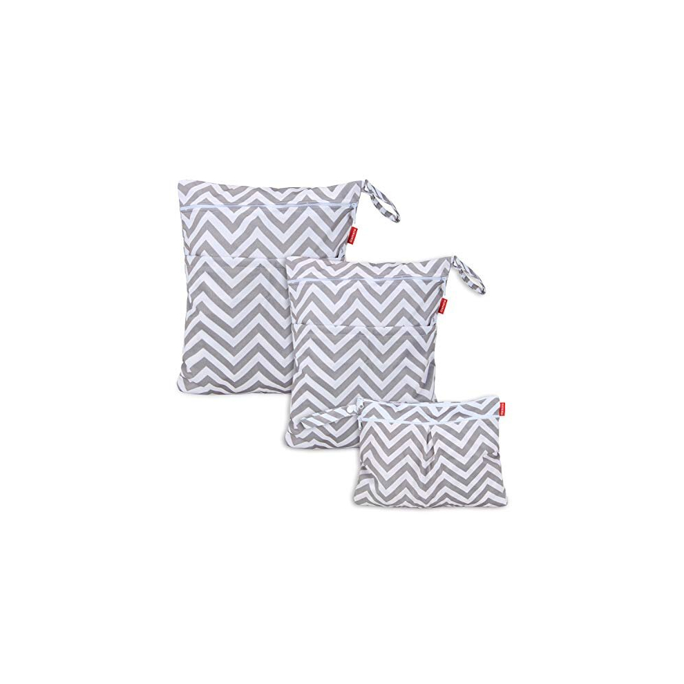 3Pcs Pack Wet Dry Bag For Cloth Diapers Nappy Bag Daycare Organiser Bag, Chevron Grey Damero