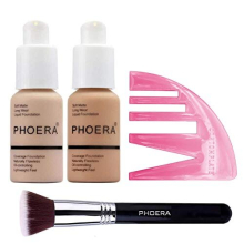 Phoera Foundation Full Coverage Makeup Set - Includes Nude & Buff Beige 30ml Matte Foundation, Phoera F80 Flat Kabuki Brush & Contomplate Contour