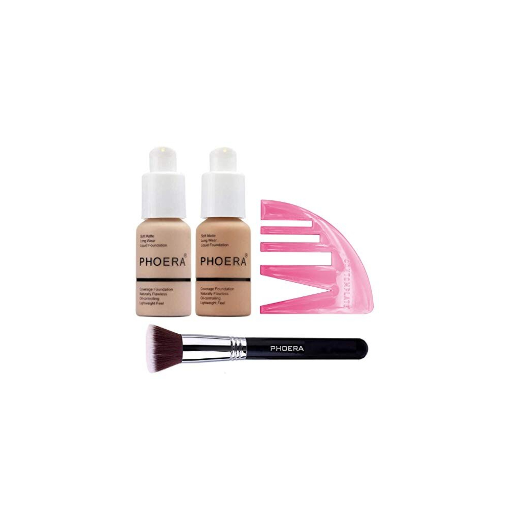 Glamza Beige Phoera Foundation Full Coverage Makeup Set - Includes Nude & Buff 30Ml Matte Foundation, Phoera F80 Flat Kabuki Brush & Contomplate Contour