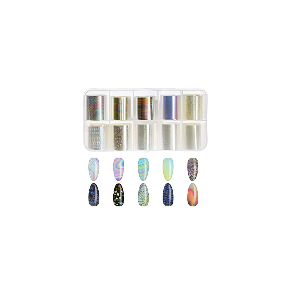 Ecsing White 10 Rolls Pearl Color Holographic Nail Foil Transfer Sticker Roll Set Nail Art Transfer Glitter Stickers For Nail Art Decoration Diy Salon -Style