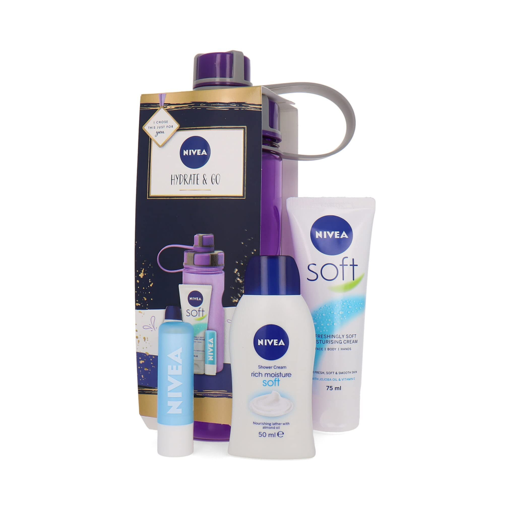 HYDRATE & GO SET 4PC (75ML MOISTURISER, 50ML SHOWER CREAM, L/BALM & WATER BOTTLE)