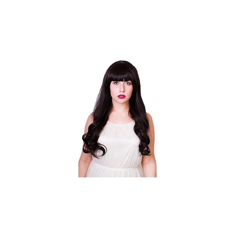 Prettyland C350 - Long Hair Wig Wavy Curly 65Cm Long Natural Look With Straight Bangs - Natural Black