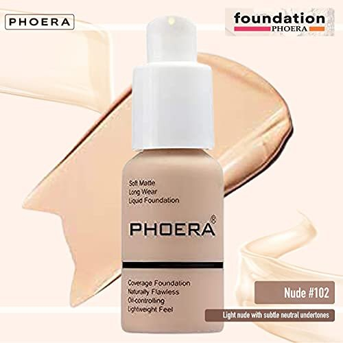 Phoera Foundation Full Coverage Makeup Set - Includes x2 Nude 30ml Matte Foundation, 6ml Face Primer & Liquid Foundation Brush for Easy Application