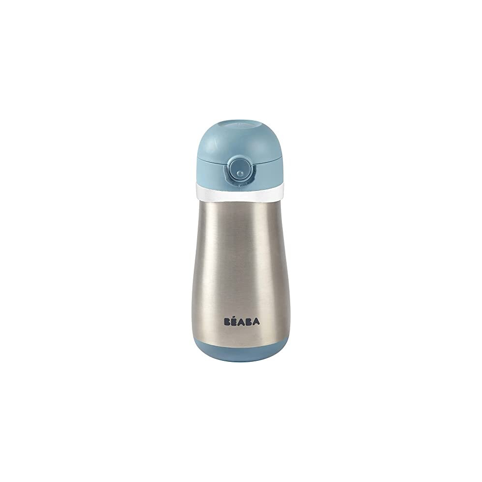 BÃABA, 2 in 1 Childrens Stainless Steel Bottle, Bottle/Glass Function, Push Button for Easy Opening, Solid, Healthy, Removable Handles, Stainless