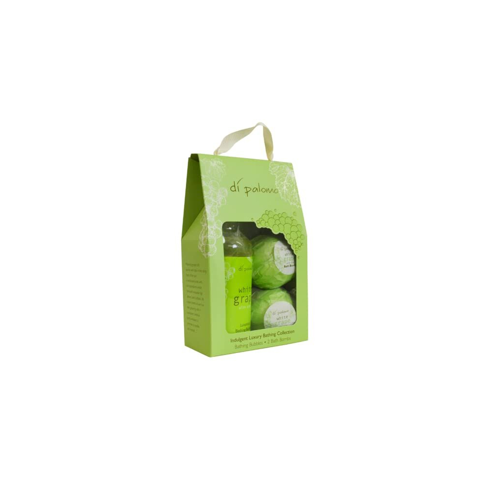 Di Palomo White Vegan Grape & Aloe Indulgent Luxury Bathing Collection. Bathing Bubbles 300Ml & 2 Bath Bombs. Bubble Bath Body Wash & Bath Bomb Bath Set. Bubble