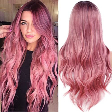 Wigs for Women Long Pink Pastel Wavy Curly Synthetic Hair Ombre Wig with Dark Roots Heat Resistant Natural Looking 24 inch for Daily Use or Cosplay