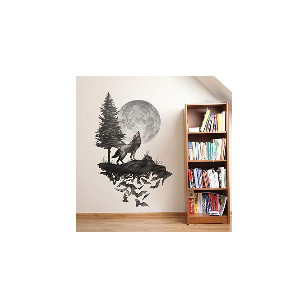 Wolf Wall Decals Moon Wall Art Stickers Bedroom Living Room Kids Nursery Wall Décor Black Runtoo